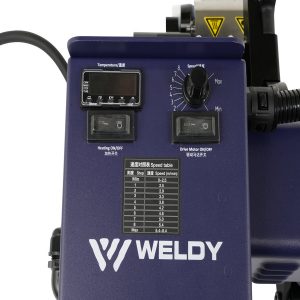 Detalhe dos controles de temperatura e velocidade da máquina de solda Weldy WGW 300