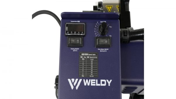 Detalhe dos controles de temperatura e velocidade da máquina de solda Weldy WGW 300
