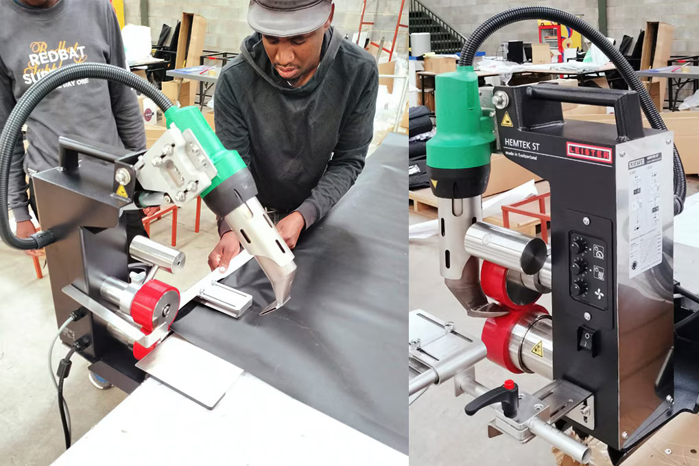 Uso da máquina Leister HEMTEK ST durante a soldagem de bainhas na produção de fachadas