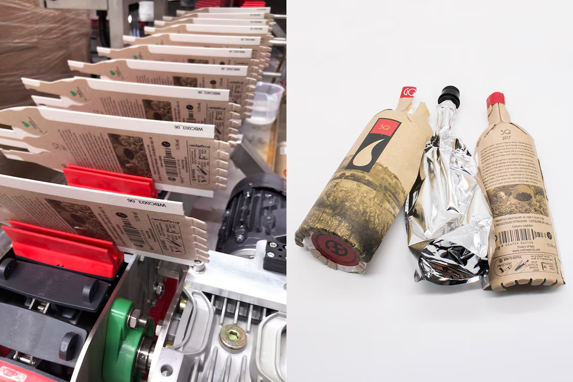 Linha de produção da Frugal Bottle em papel com equipamento industrial Leister aplicando ar quente para selagem e conformação das garrafas